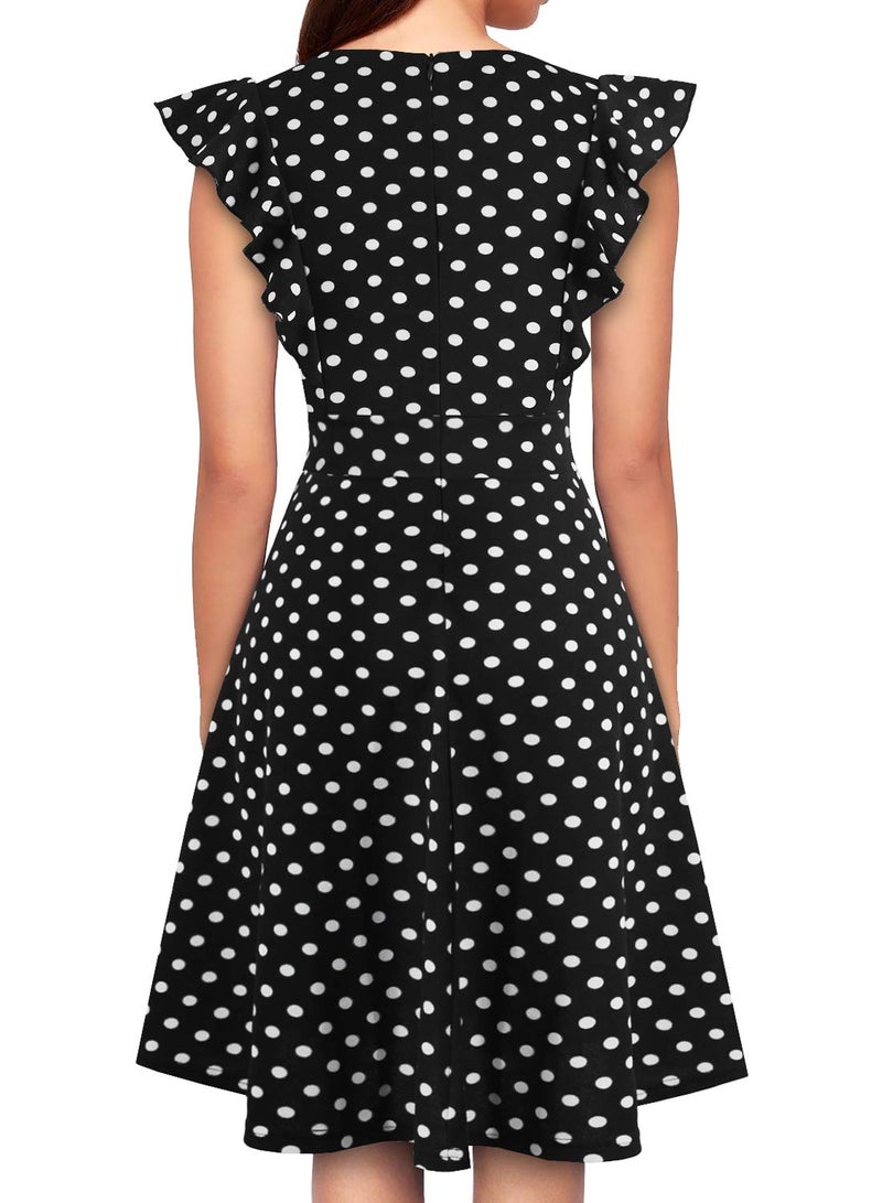 YATHON Women's Vintage Ruffle Floral Flared A Line Swing Casual Cocktail Party Dresses (XL, YT001-Black Dot) - Image 2